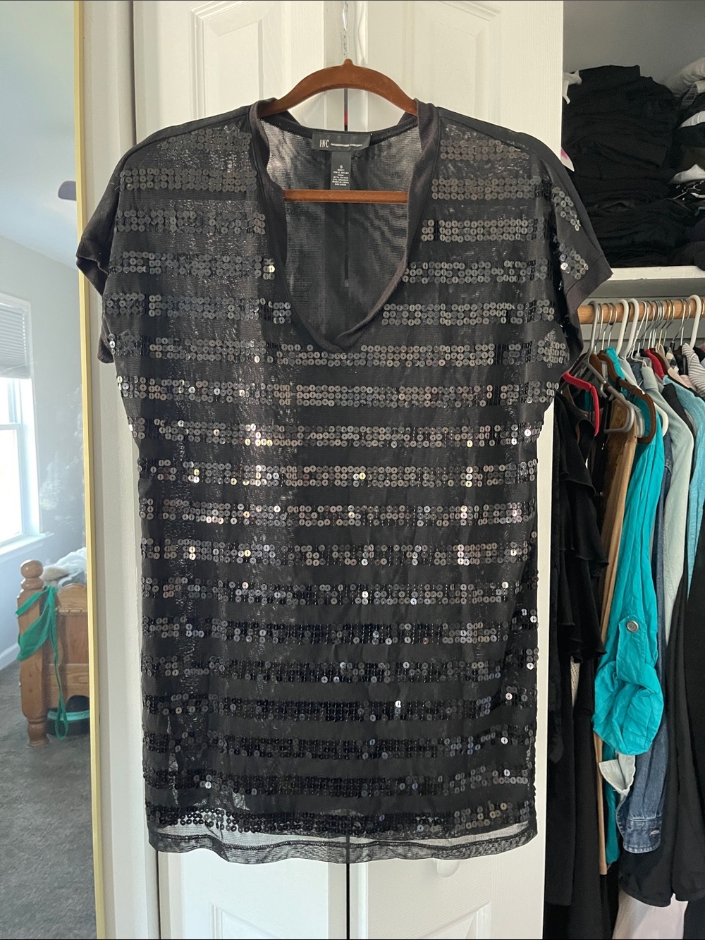 INC International Concepts Black Sequin Short Sleeve Tunic Top- oversized